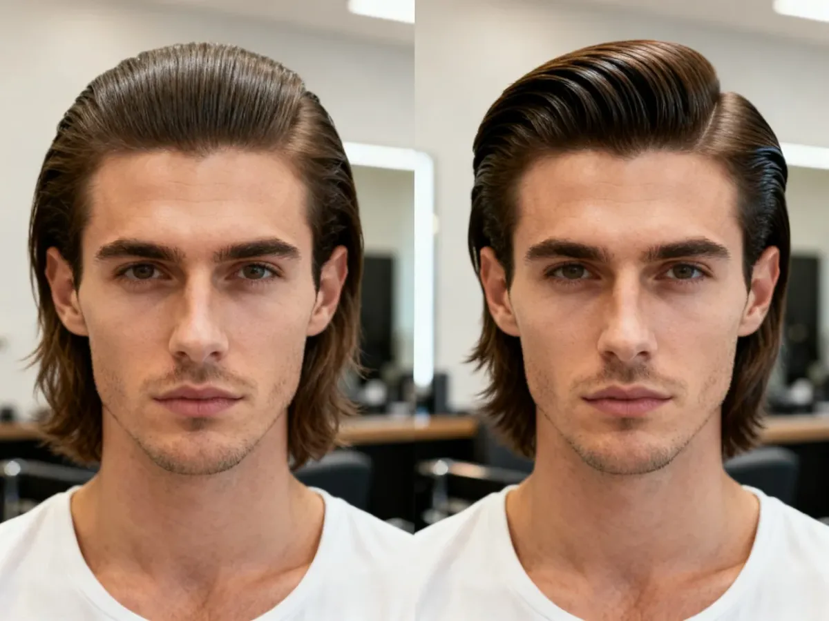 Porównanie fryzury middle part i side part na włosach średniej długości