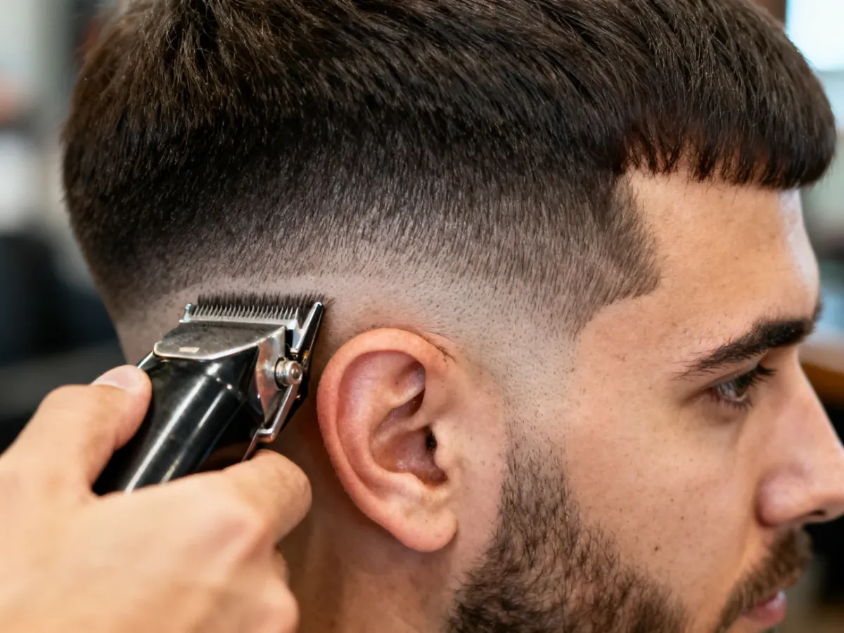 Barber blending a smooth fade with clippers