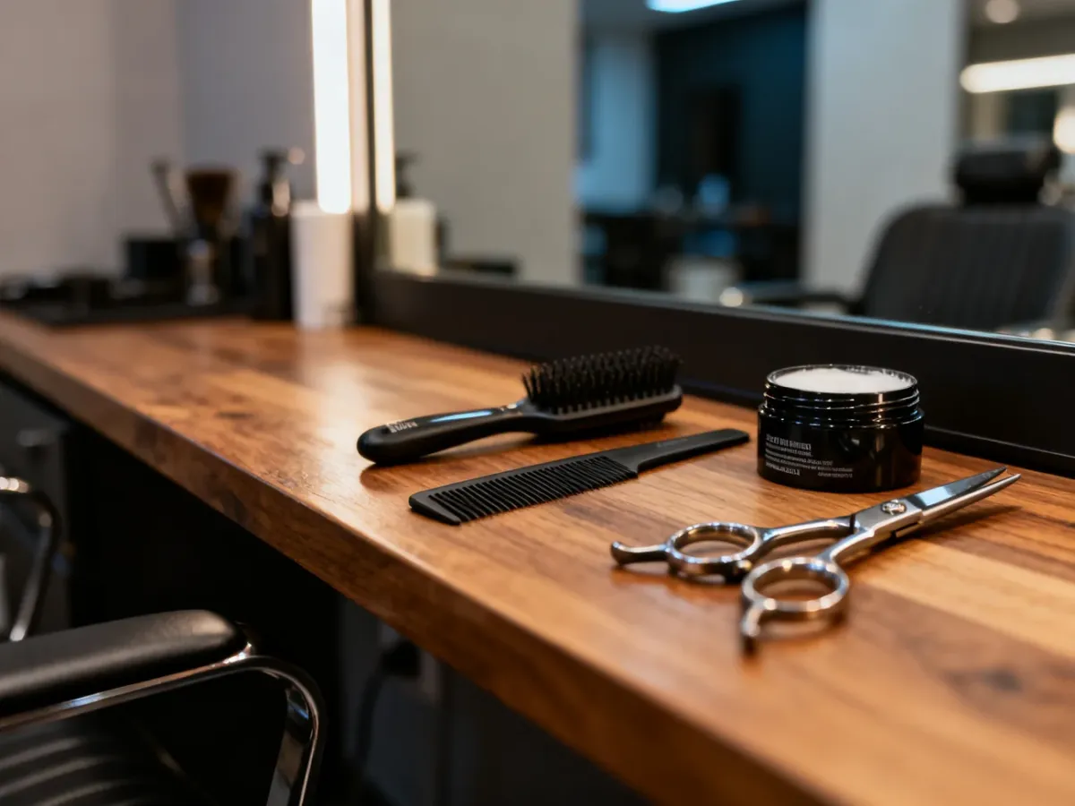 Profesjonalne narzędzia fryzjerskie, w tym grzebień i wosk do włosów, ułożone na blacie w nowoczesnym salonie barberskim.