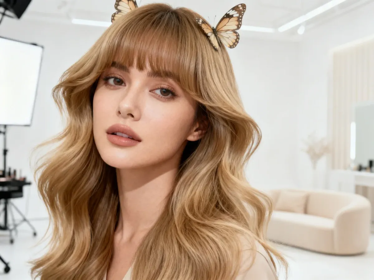 Fryzura butterfly cut z warstwami wokół twarzy i grzywką kurtynową