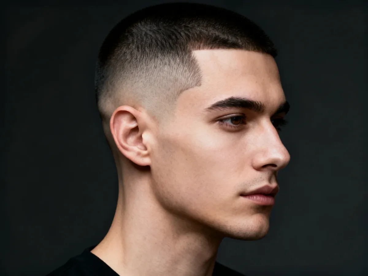 Minimalistyczny buzz cut z wygoloną kreską przy skroni