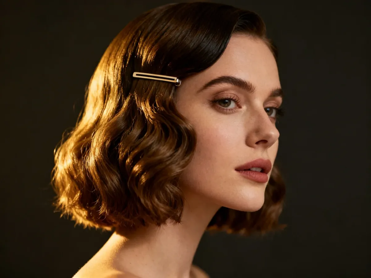 Elegancki falowany bob z głębokim przedziałkiem i spinką