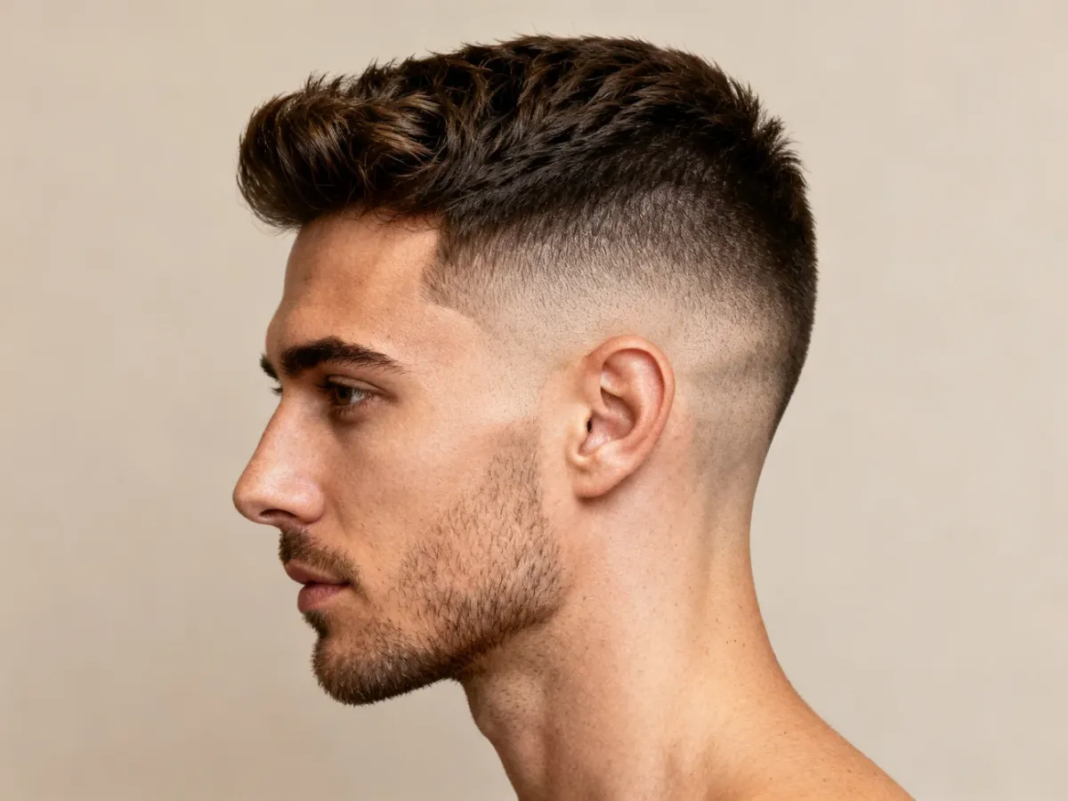 Mężczyzna z eleganckim tapered mohawk i stopniowo cieniowanymi bokami