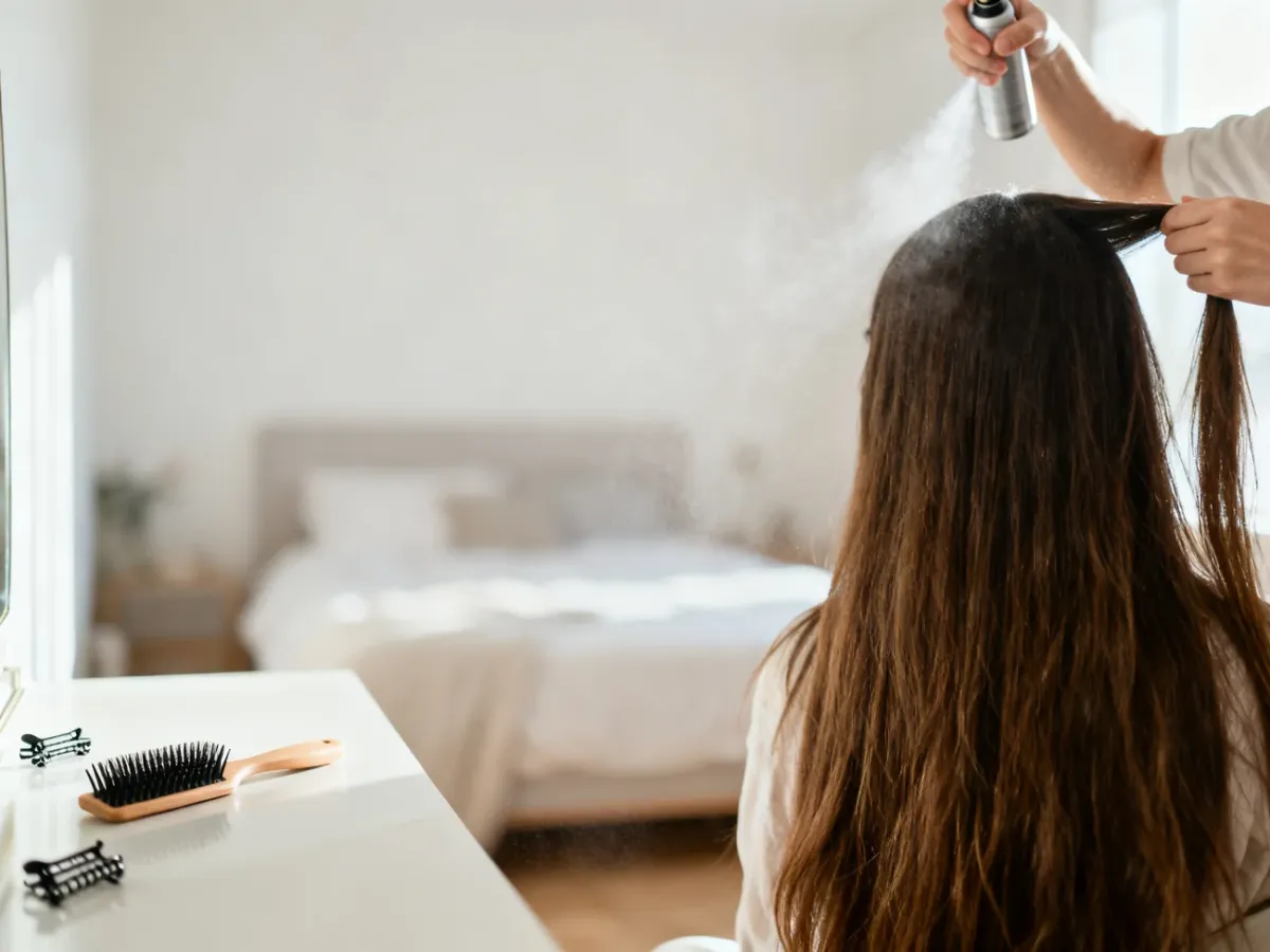 Applying hair spray evenly to sectioned hair from a distance