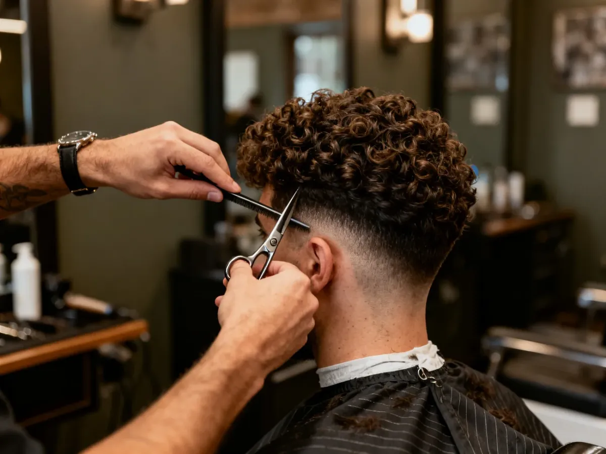 Barber modelujący męską fryzurę z kręconą górą i krótszymi bokami
