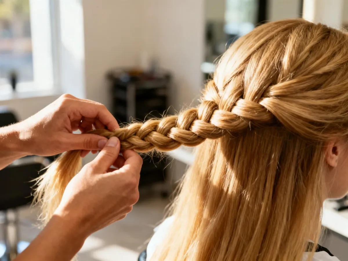 Dłonie fryzjera zaplatające gęste, blond włosy w precyzyjny warkocz w słonecznym salonie.