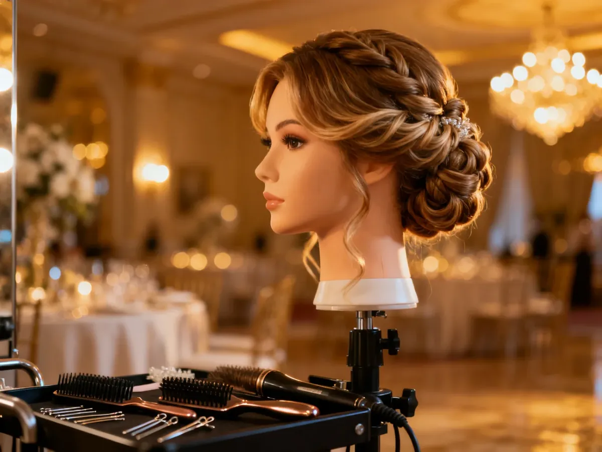 Eleganckie upięcia i delikatne fale na głowie manekina, prezentujące szykowne propozycje fryzur ślubnych dla kobiet po 40. roku.