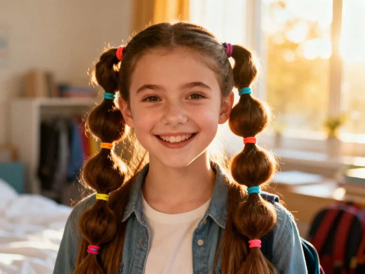 Dziewczynka z długimi włosami upiętymi w dwa bubble braids