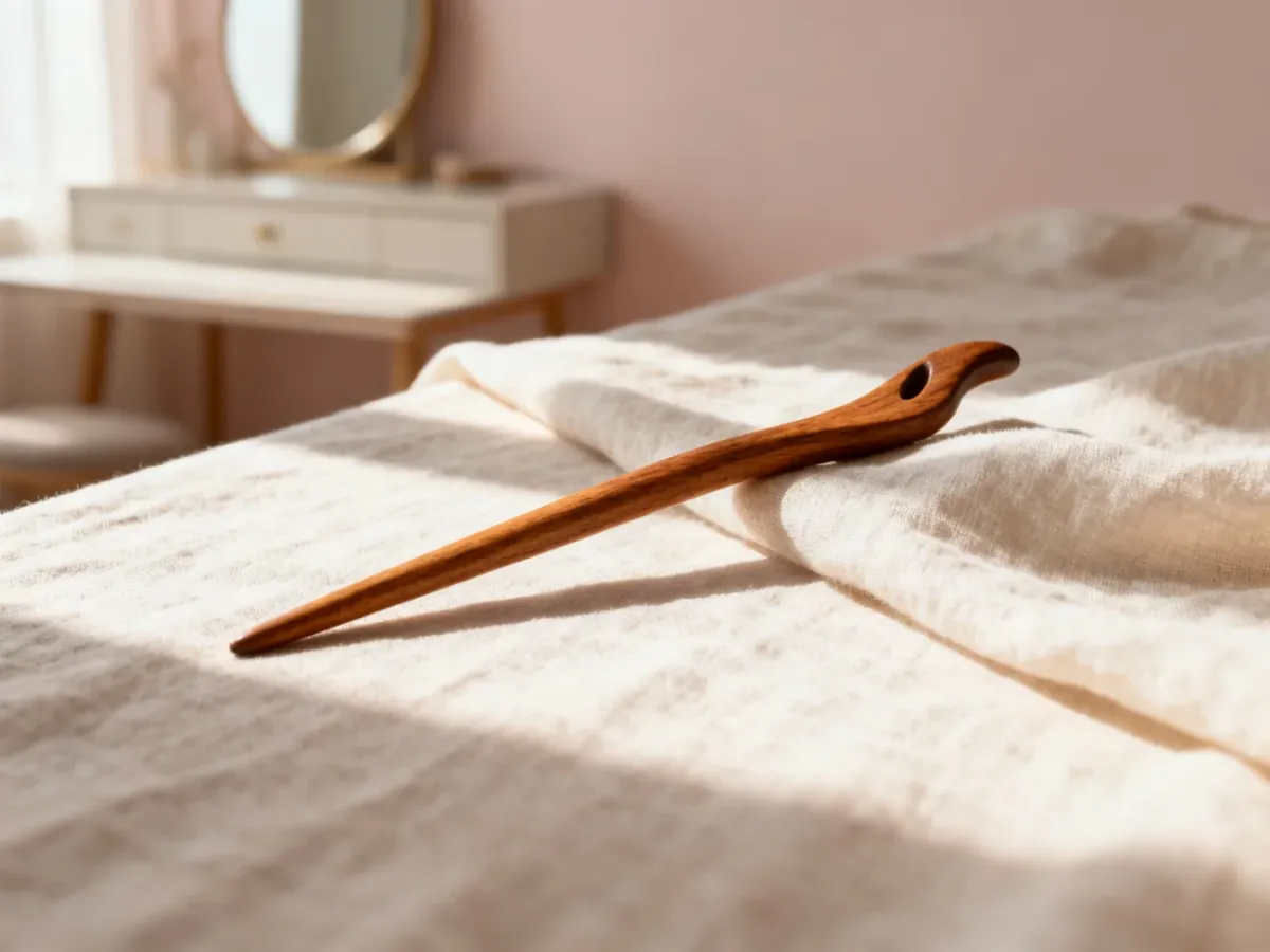 Elegancki drewniany patyk do włosów leżący na lnianym materiale w otoczeniu minimalistycznej toaletki.