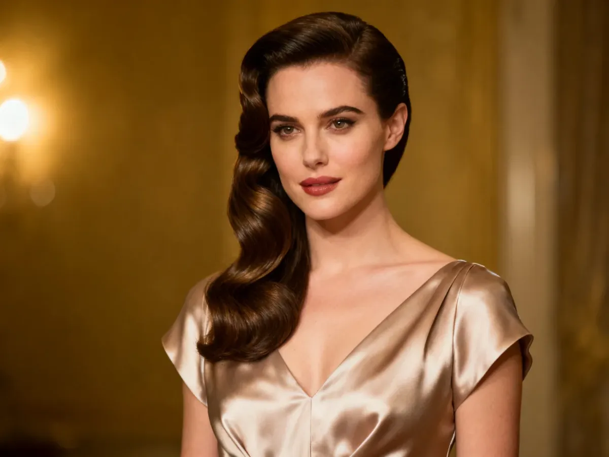 Kobieta w eleganckiej sukni z gładkimi hollywoodzkimi falami