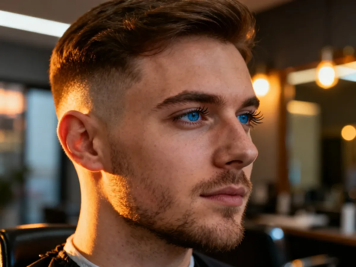 Mężczyzna z modną fryzurą z wygolonymi bokami i starannie ułożonymi włosami w oświetleniu typu golden hour.