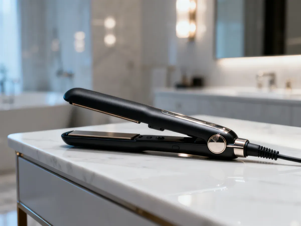 Elegancka prostownica Dyson leżąca na marmurowym blacie w nowoczesnej łazience. Profesjonalny sprzęt do stylizacji włosów.
