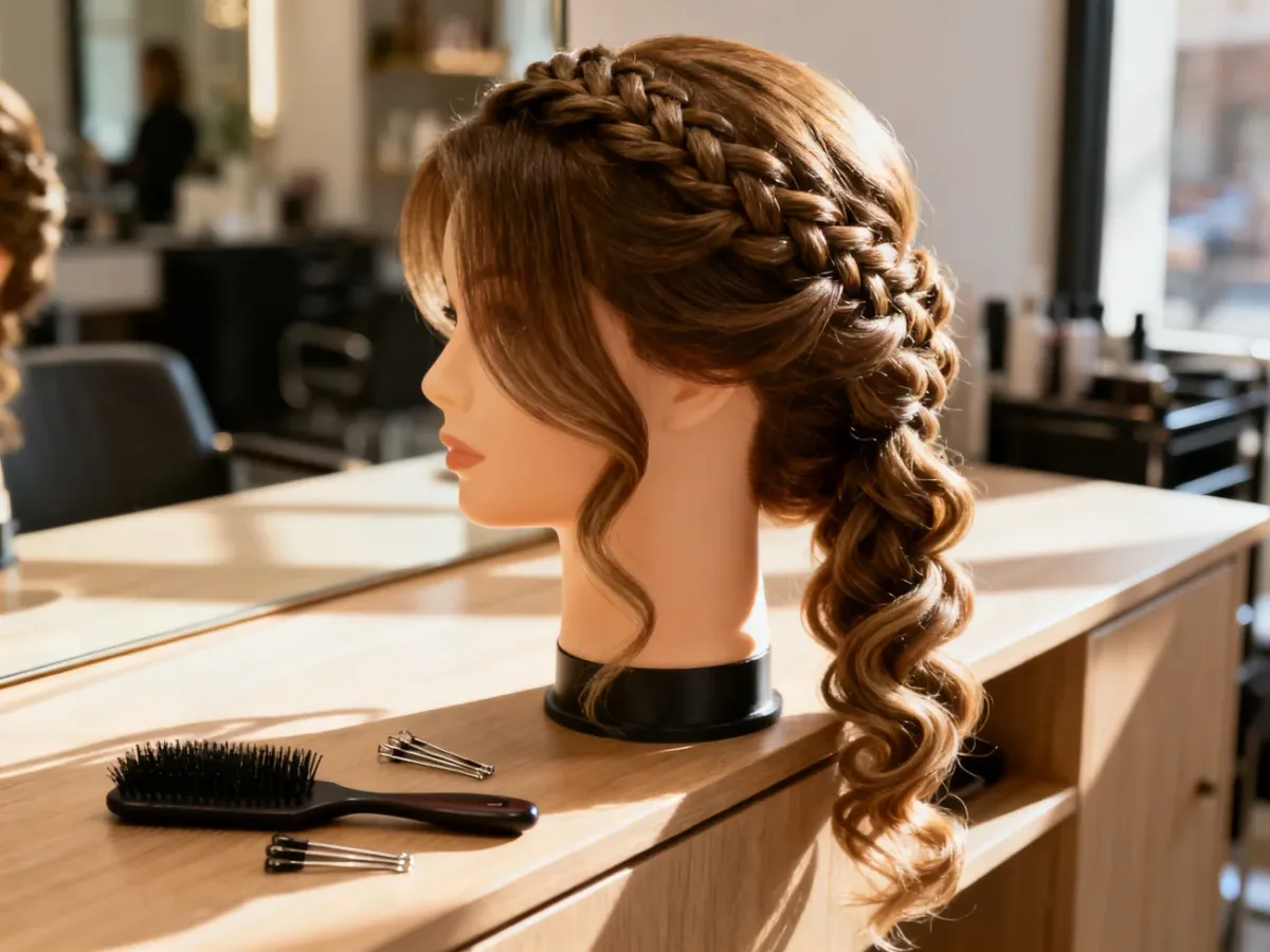 Eleganckie upięcie włosów na bok z warkoczem i lokami na głowie treningowej, prezentowane w profesjonalnym salonie fryzjerskim.