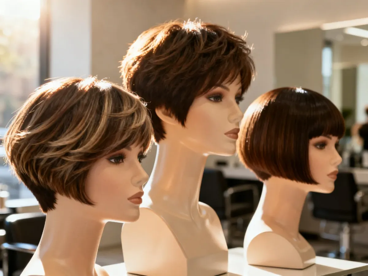 Eleganckie manekiny prezentujące nowoczesne krótkie fryzury typu pixie i bob w minimalistycznym salonie fryzjerskim.