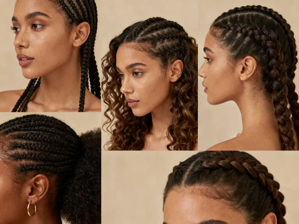 Różne rodzaje fryzur braids, w tym box braids, boho braids i warkocz holenderski