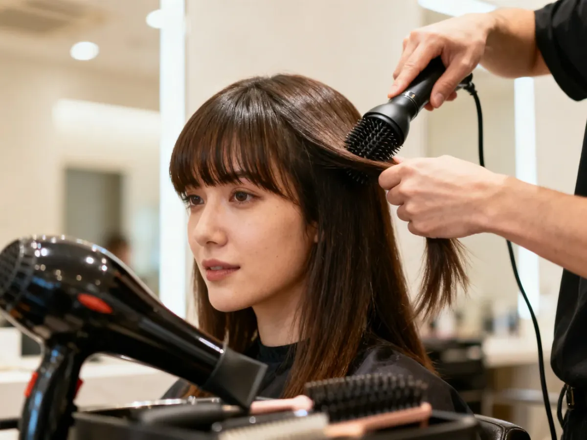 Stylizacja grzywki suszarką i okrągłą szczotką w salonie fryzjerskim