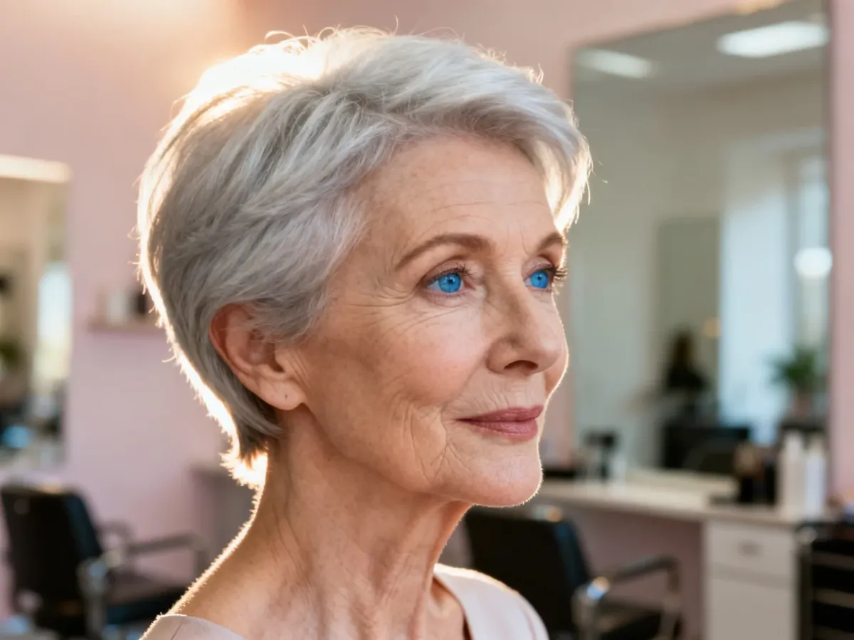 Elegancka seniorka z krótką, srebrzystą fryzurą typu pixie, prezentująca nowoczesny i stylowy wygląd.
