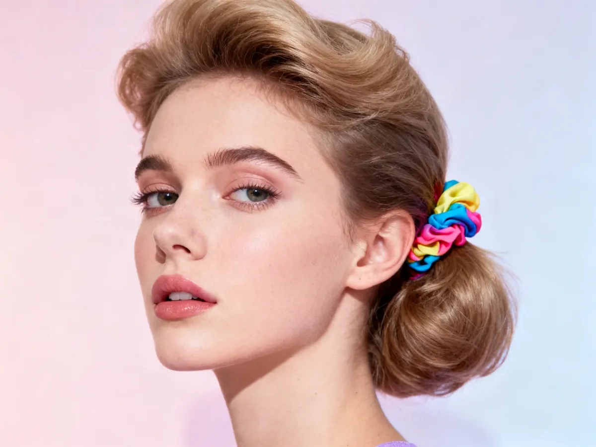 Retro fryzura z objętością i kolorową gumką scrunchie