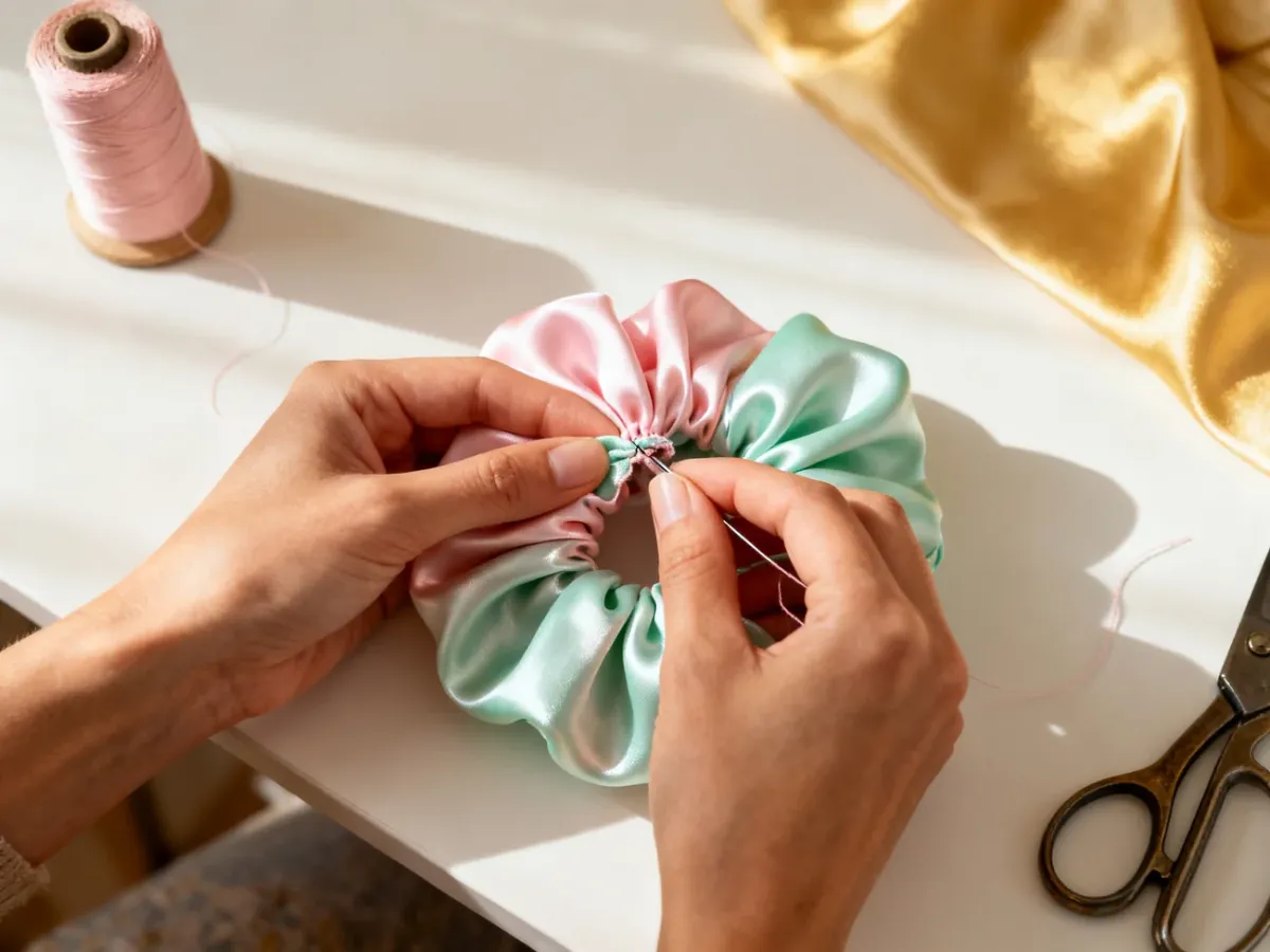 Ręczne zszywanie otworu w tworzonej scrunchie
