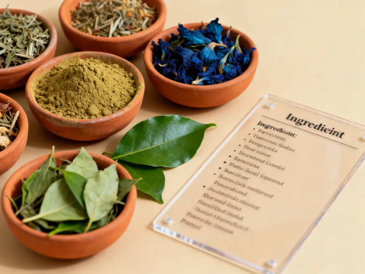 Natural henna powder and botanical hair-coloring herbs in ceramic bowls