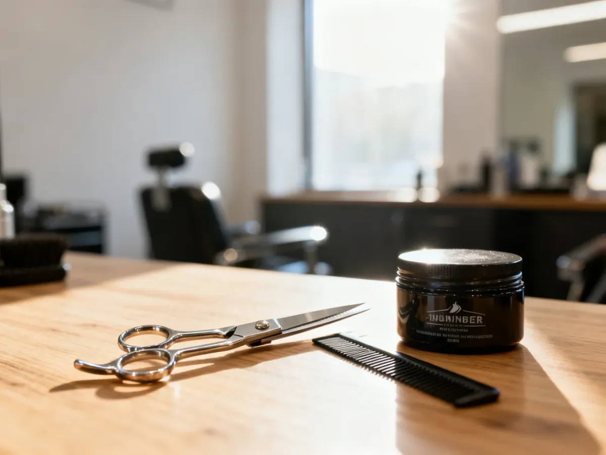 Profesjonalne akcesoria fryzjerskie, takie jak nożyczki, grzebień i pomada, na drewnianym blacie w nowoczesnym salonie barberskim.