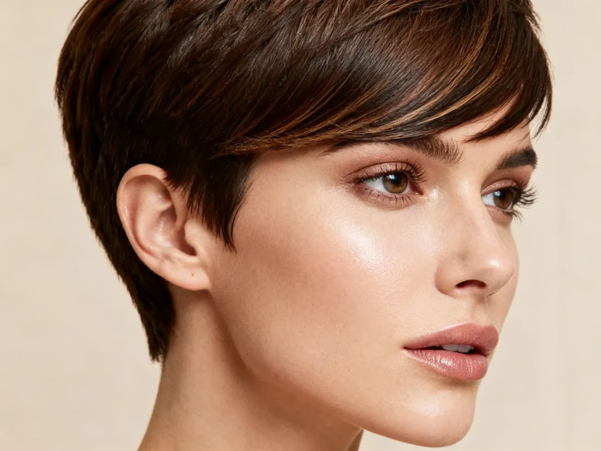 Teksturowane pixie cut z dłuższą, uniesioną górą i grzywką na bok