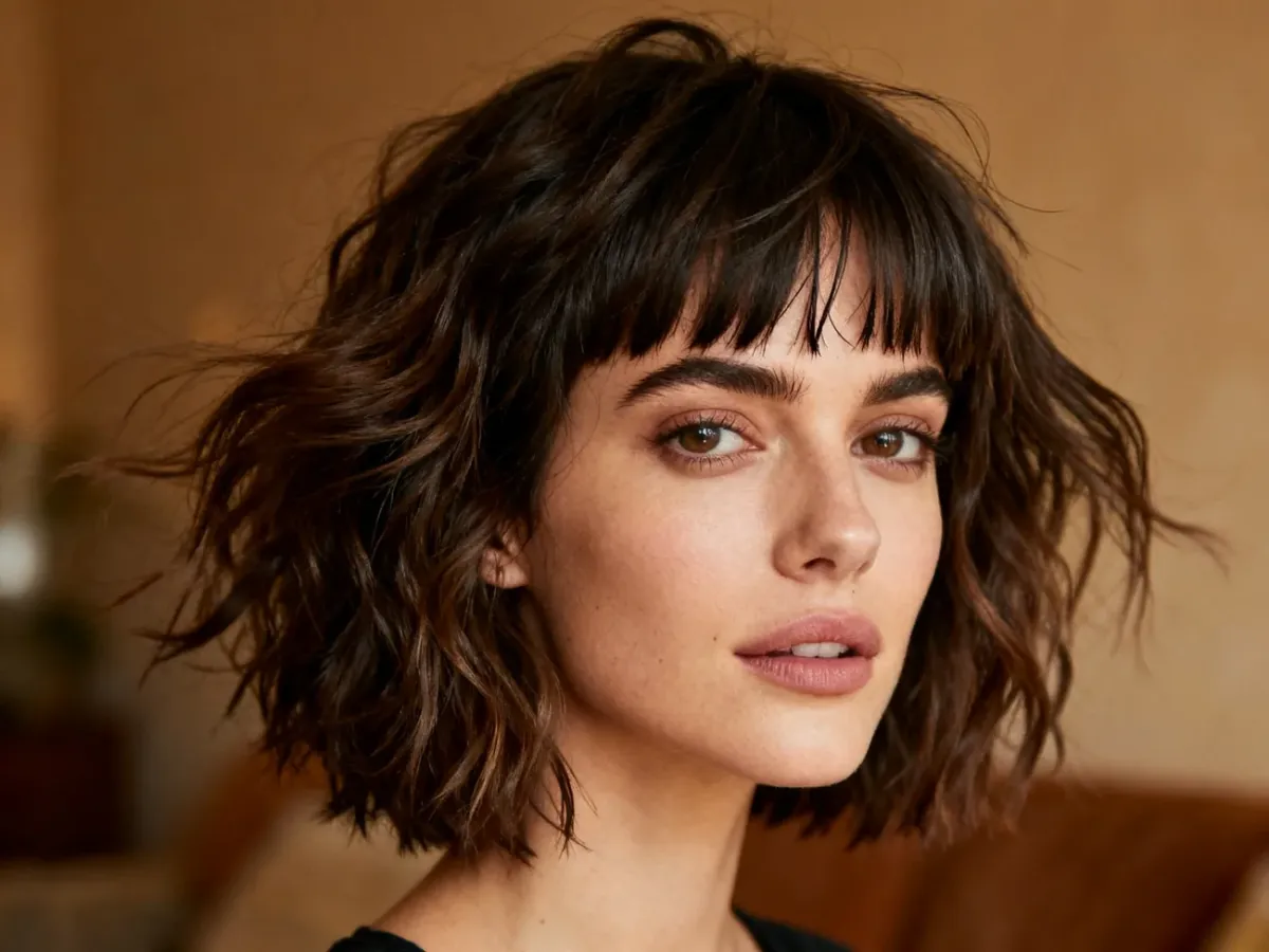 Warstwowy shaggy bob z postrzępioną grzywką i naturalnymi falami