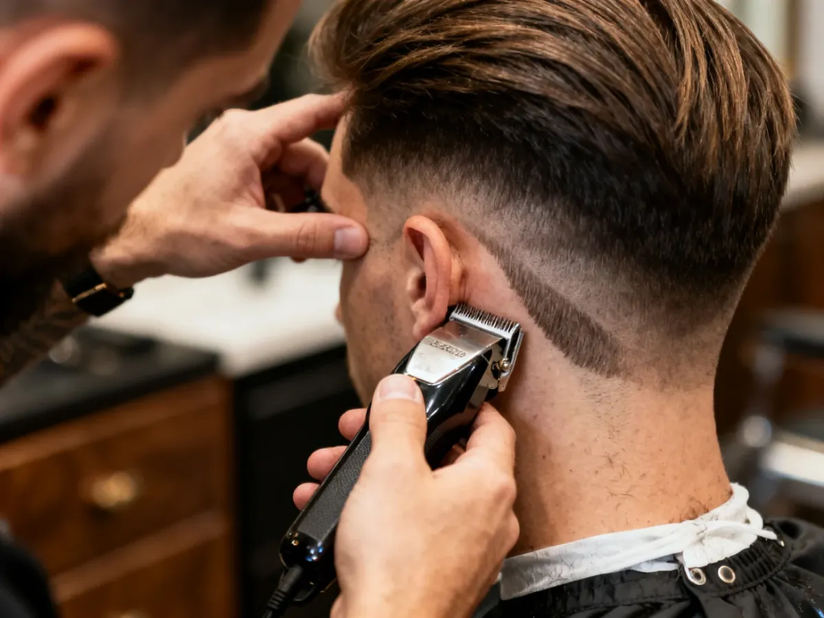 Barber odświeżający cieniowanie low fade przy uchu i karku