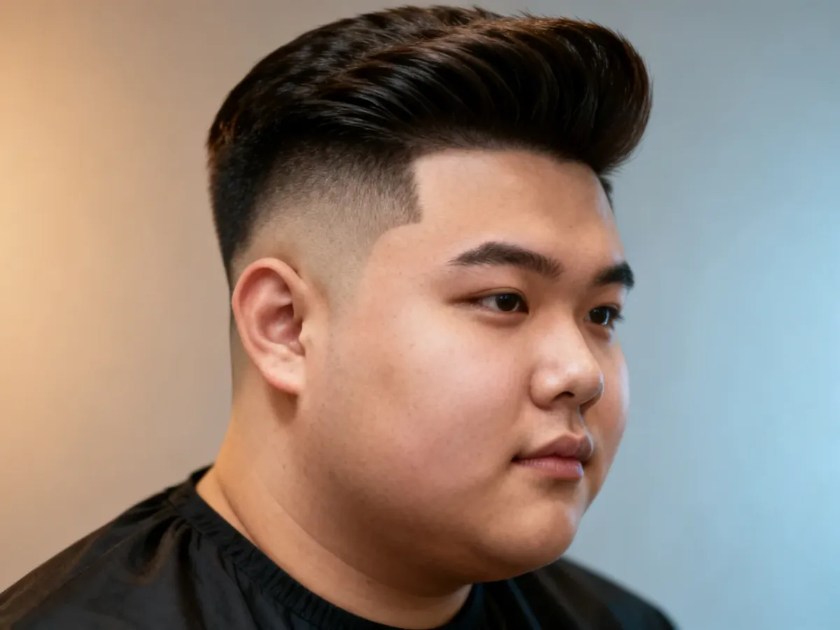 Mężczyzna o okrągłej twarzy z fryzurą quiff i krótkimi bokami