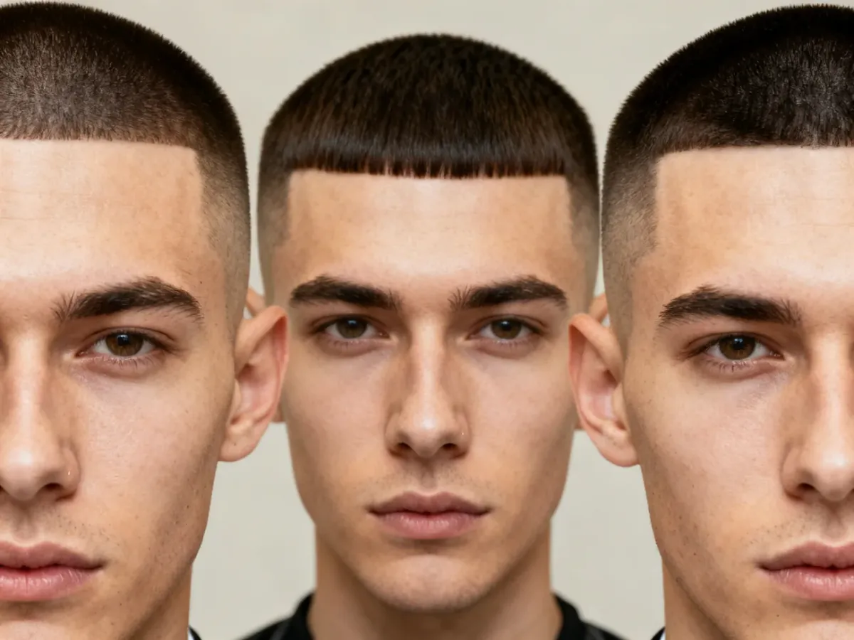 Mężczyzna prezentujący różne warianty fryzury buzz cut w salonie barberskim