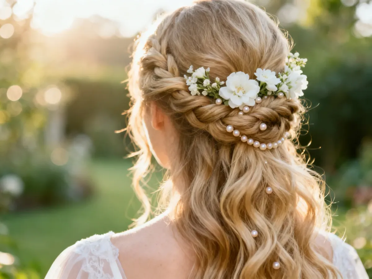 Eleganckie upięcie ślubne z długich, blond włosów ozdobione drobnymi kwiatami i perłami w romantycznym, ogrodowym stylu.