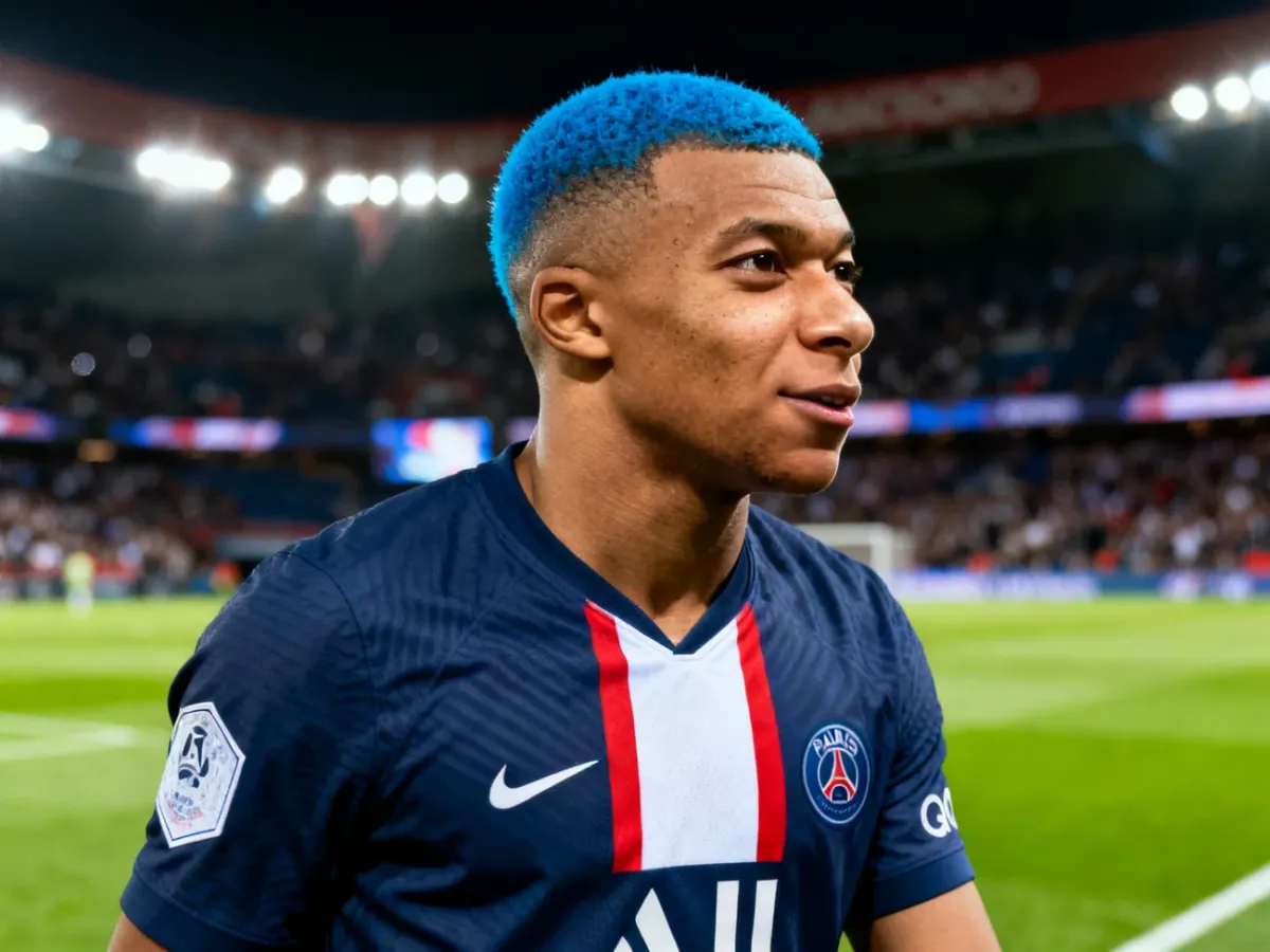 Kylian Mbappé z niebieską fryzurą podczas meczu piłkarskiego