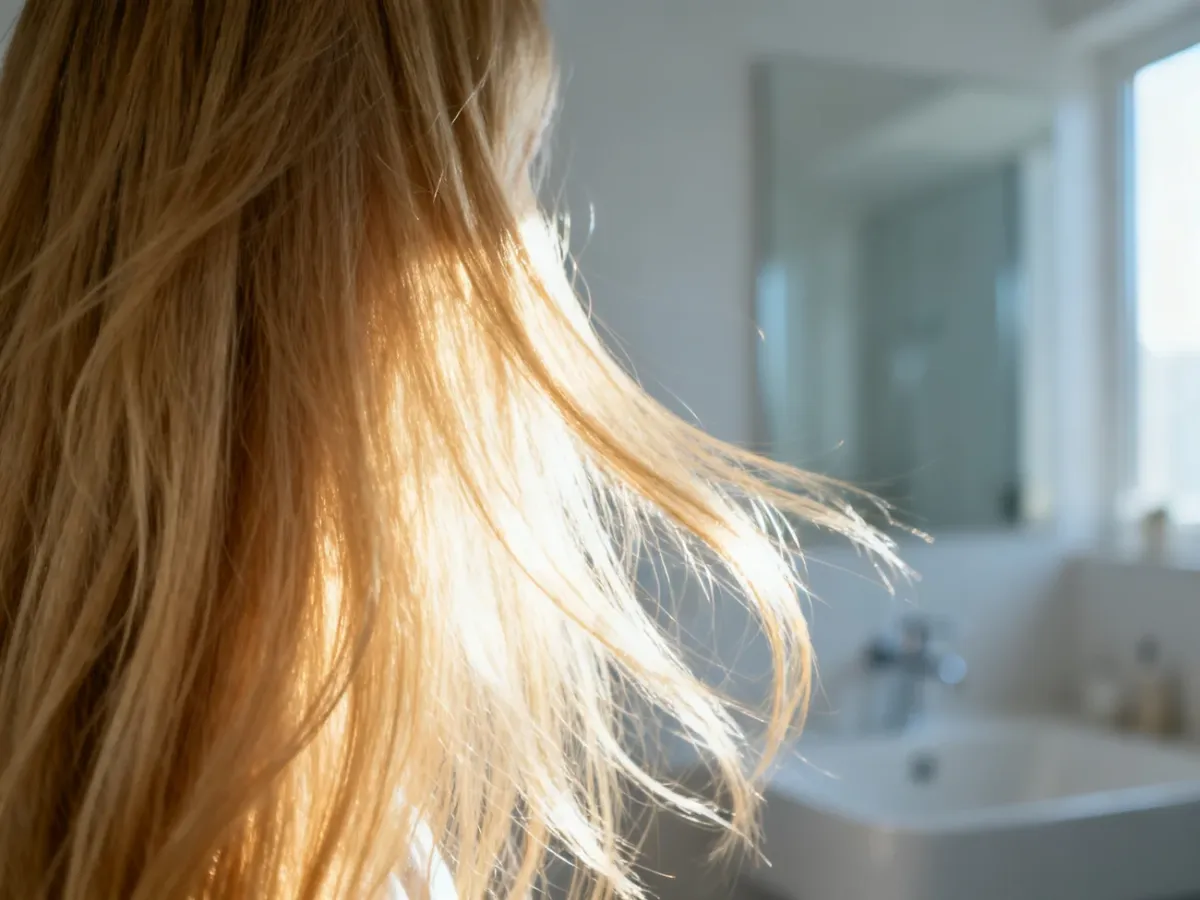 Zdrowe, długie i naturalne blond włosy lśniące w porannym świetle, podkreślające ich zadbaną strukturę.