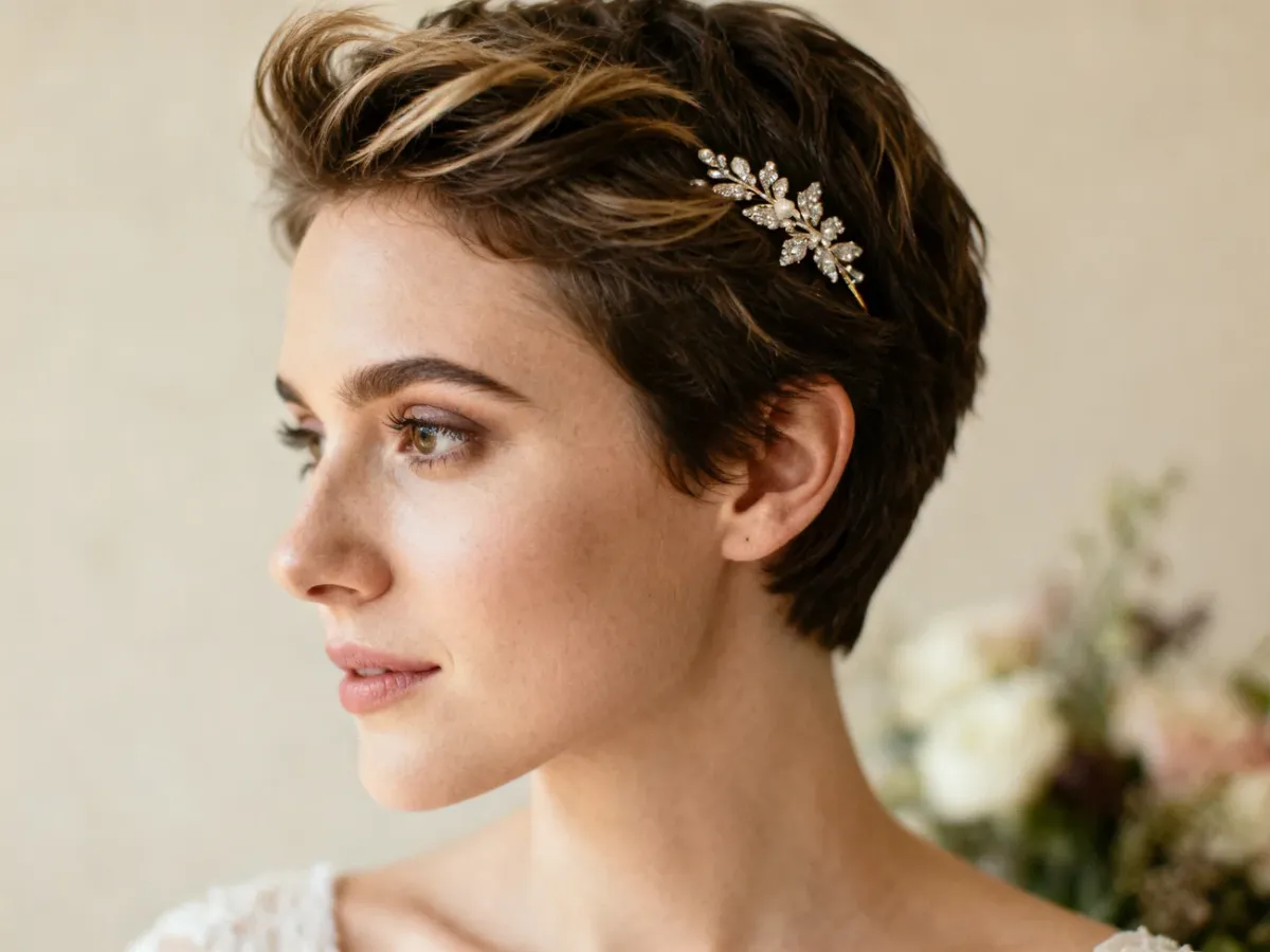 Teksturowane pixie cut z ozdobną spinką nad uchem