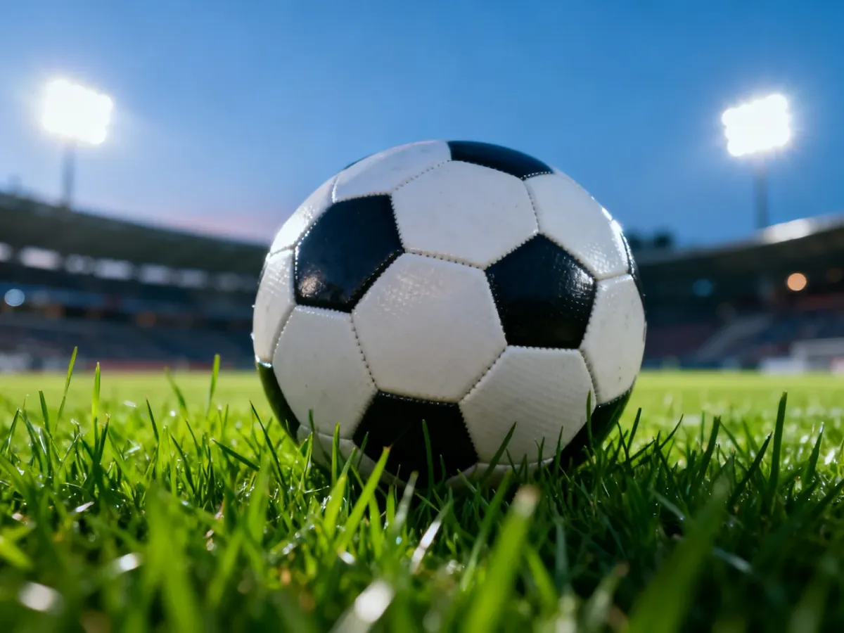 Profesjonalna piłka nożna leżąca na murawie stadionu w wieczornym świetle reflektorów.
