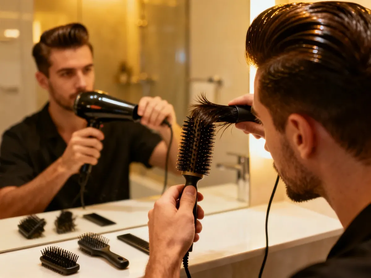 Modelowanie fryzury pompadour suszarką i okrągłą szczotką