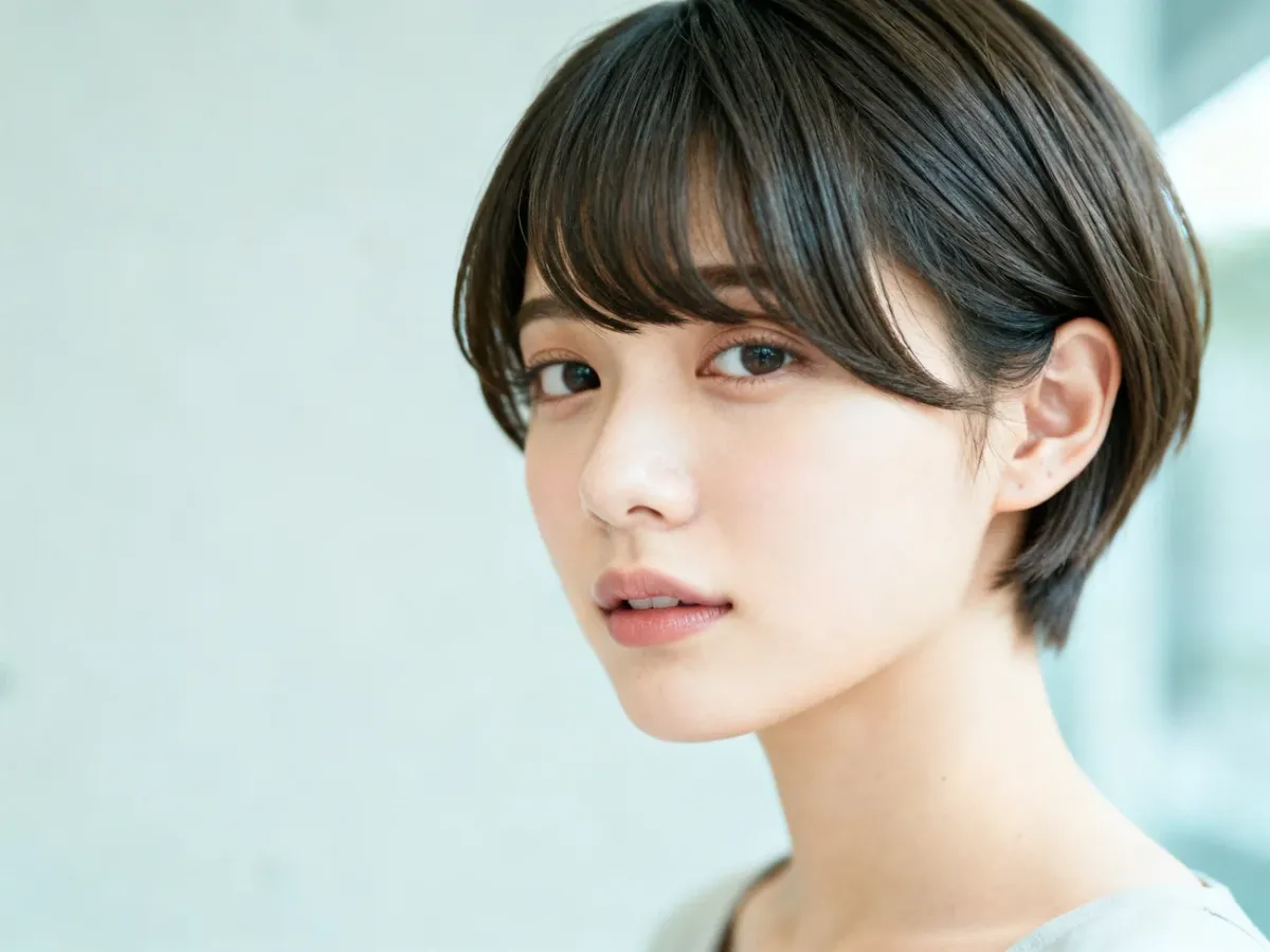Krótkie pixie cut z dłuższą grzywką zaczesaną na bok