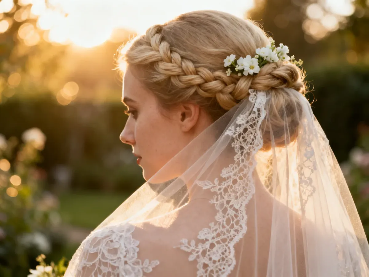 Elegancki ślubny kok z warkoczem i białymi kwiatami, częściowo przykryty delikatnym, koronkowym welonem w ogrodzie.