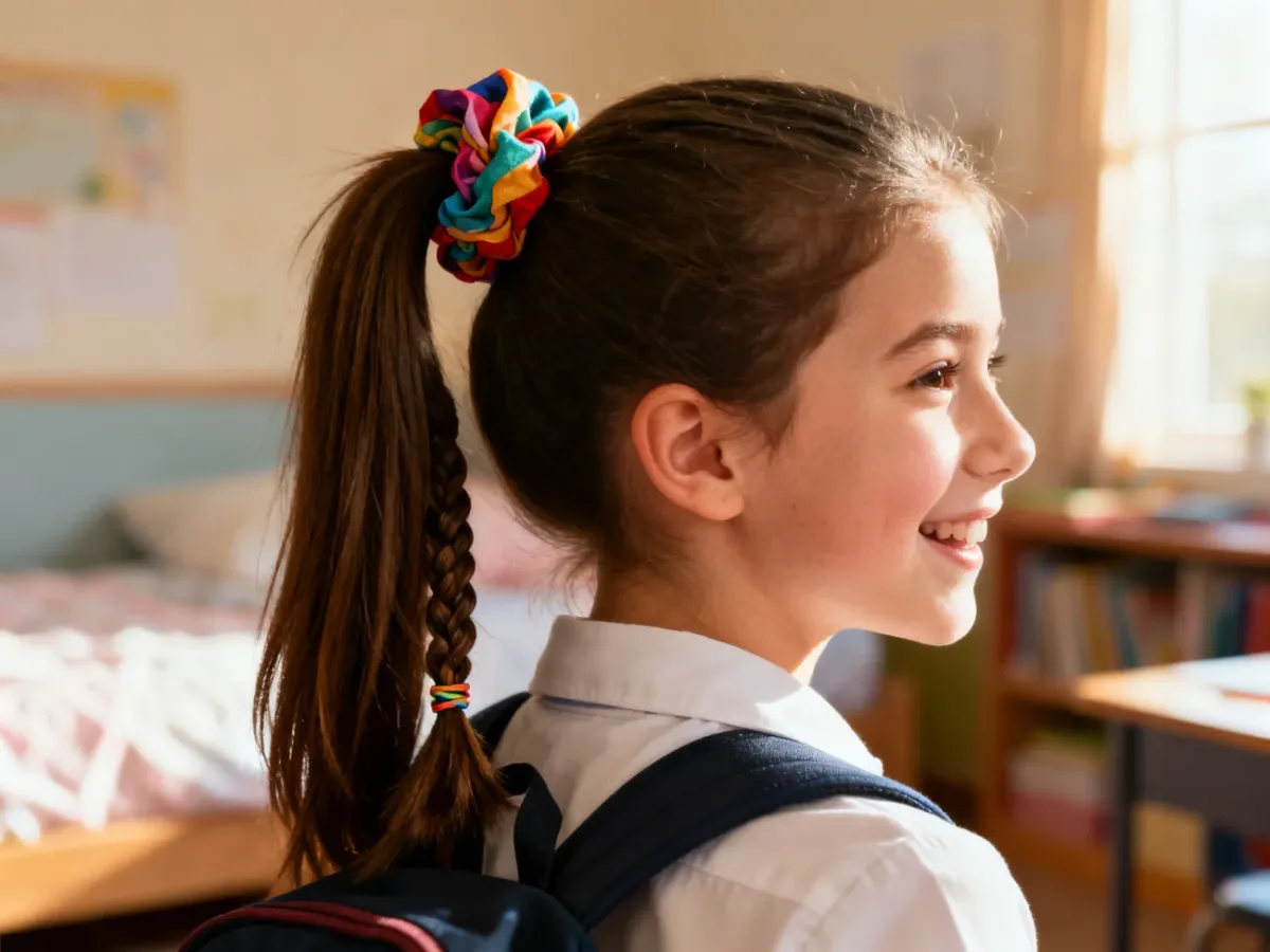 Dziewczynka z wysokim kucykiem ozdobionym kolorową scrunchie