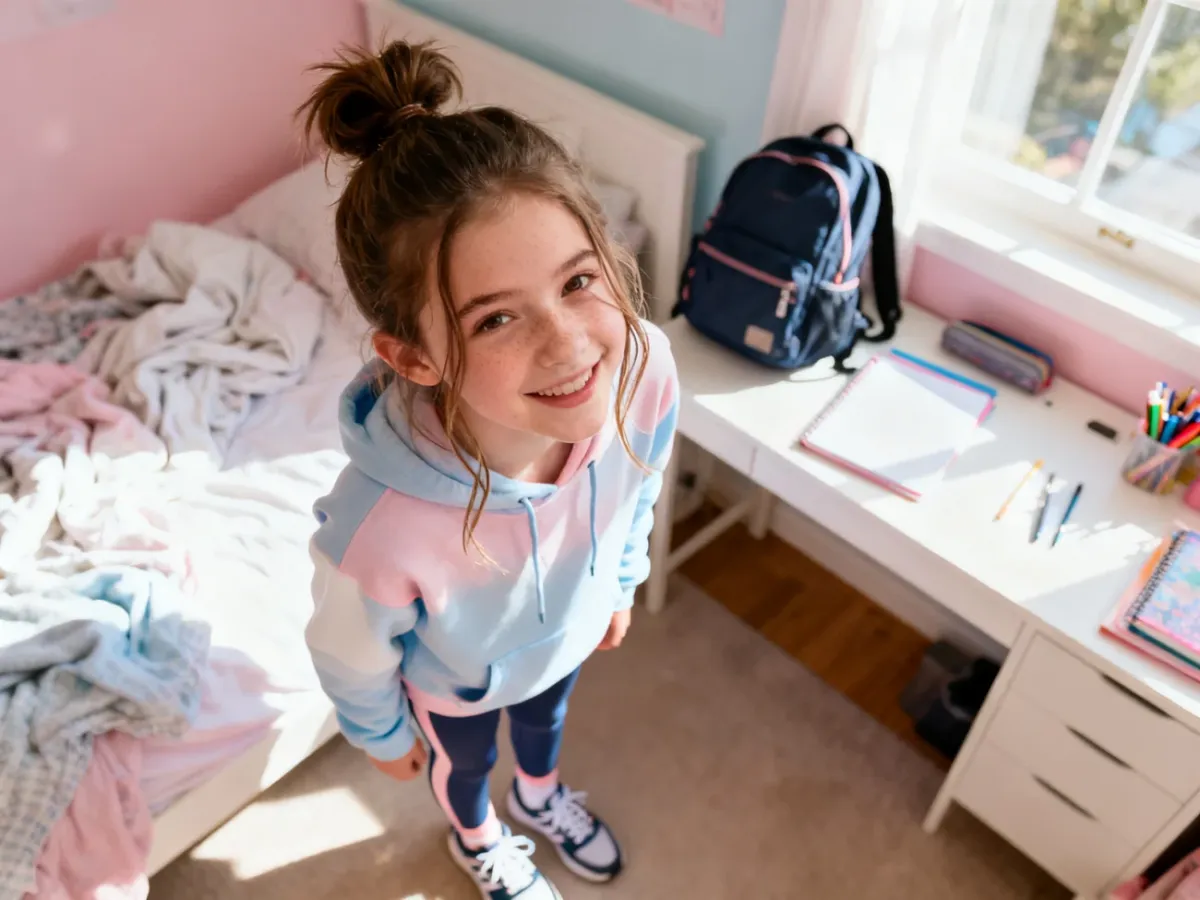 Nastolatka z luźnym wysokim kokiem messy bun