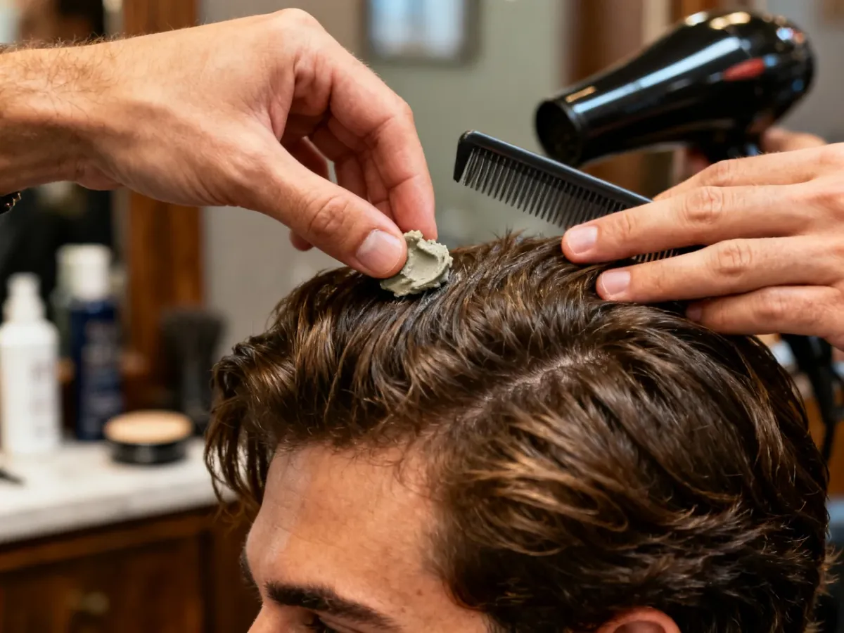 Stylizacja męskich włosów matową pastą w salonie barberskim