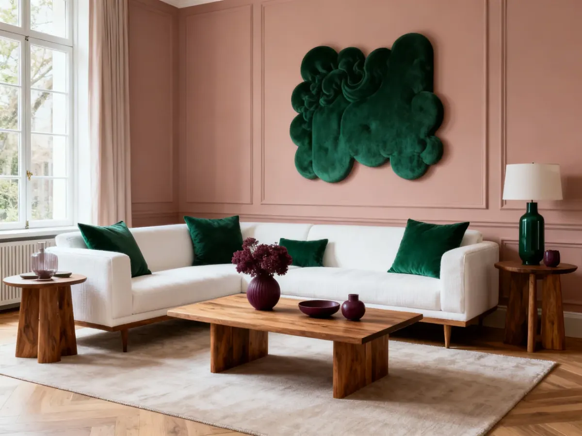 Nowoczesny salon łączący kolor pompadour z butelkową zielenią i naturalnym drewnem