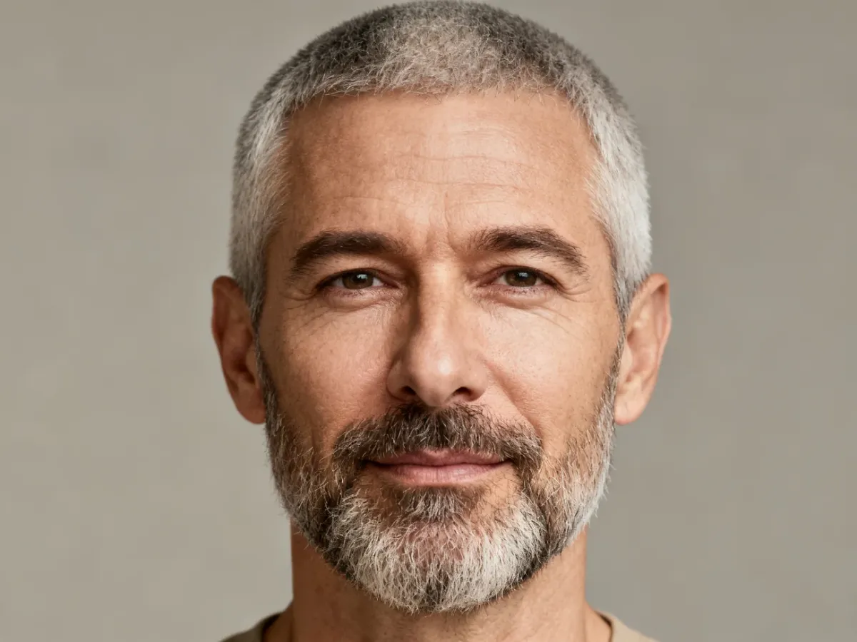 Mężczyzna z krótką siwą fryzurą i starannie przystrzyżonym zarostem