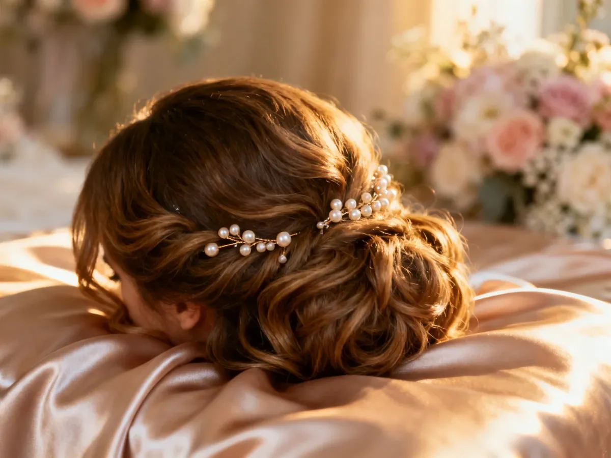 Elegancka fryzura z półdługich włosów w miękkich falach, ozdobiona perłowymi spinkami na satynowym tle.