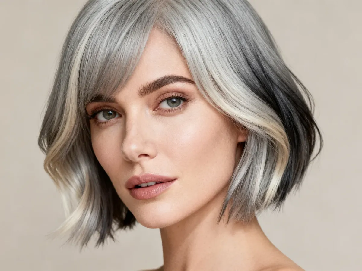 Silver-gray hair with subtle highlights creating a soft gray blending effect