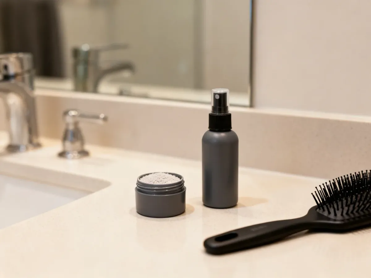 Hair fiber products and accessories on a bathroom counter