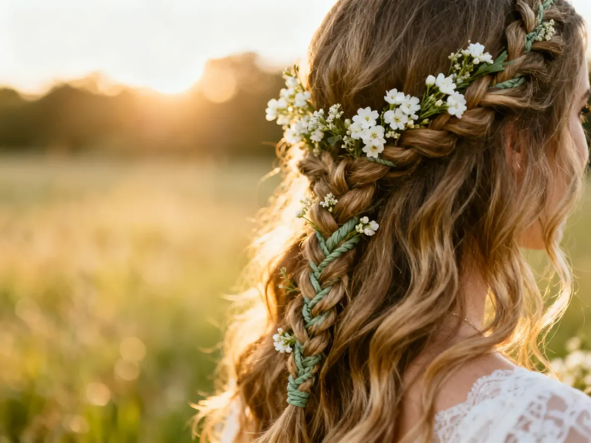 Romantyczna fryzura ślubna w stylu boho z luźnymi falami, warkoczem i drobnymi białymi kwiatami w słonecznej scenerii.