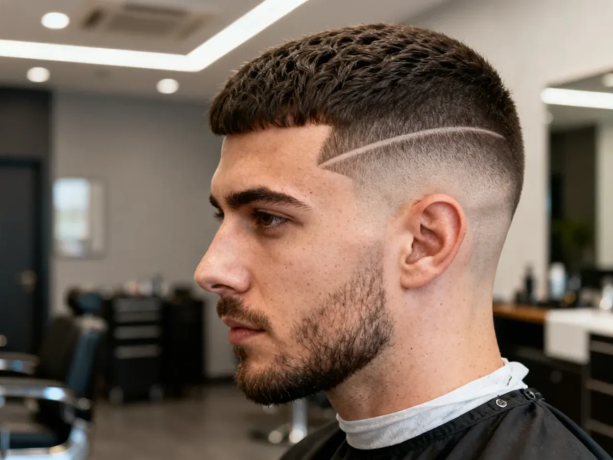 Mężczyzna z fryzurą mid fade i wyraźną wygoloną kreską