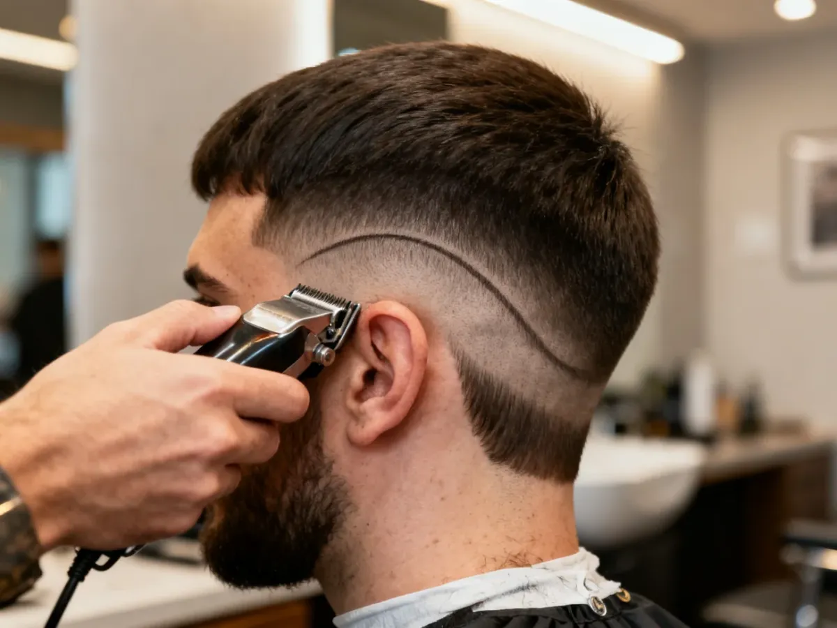 Barber precyzyjnie modelujący linię low drop fade za uchem