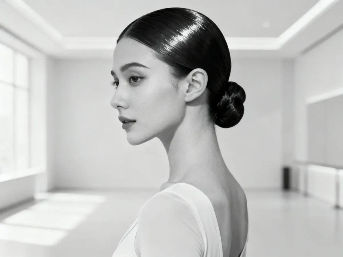 Gładki niski kok ballerina bun z przedziałkiem na środku